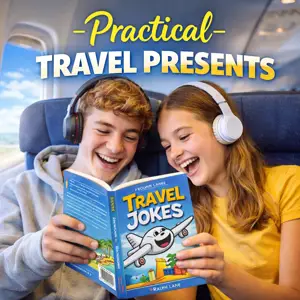 practical travel presents including suitcase, travel accessories, and travel joke book