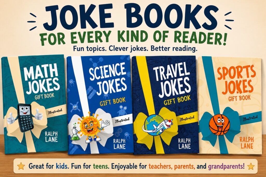 Four illustrated Ralph Lane joke books about math, science, travel, and sports for students and readers of all ages.